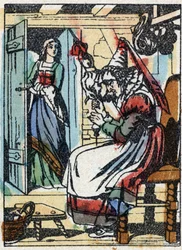 Anonymní ilustrace k „La belle au bois dormant“, příběh Charlese Perraulta (1628-1703), francouzského spisovatele. Dřevoryt Imaging Pellerin - Epinal, sd. Konec 19. století.