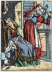 Anonymní ilustrace k „La belle au bois dormant“, příběh Charlese Perraulta (1628-1703), francouzského spisovatele. Dřevoryt Imaging Pellerin - Epinal, sd. Konec 19. století.