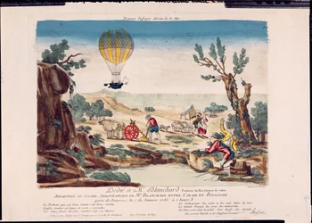 Vzhled horkovzdušného balónu Jean Pierre Blanchard (1753-1809) mezi Calais a Boulogne, 1785