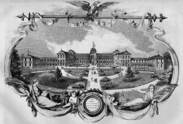 Architektura: průčelí nemocnice známé jako „Císařský ústav ve Vincennes“ pro zotavující se dělníky, otevřené v roce 1857. Dnes se nazývá „Národní nemocnice v Saint-Maurice“, Saint-Maurice (94). Rytina v „Le Monde Illustré“, č. 20 z 29. srpna 1.