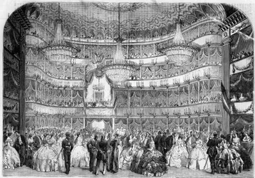 Architektura: vnitřní pohled na Královské divadlo (19. století) v Nice (Alpes Maritimes, 06), v roce 1858, během charitativního plesu pořádaného Societe francaise d