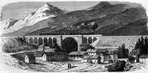 Architektura: pohled na viadukt Bellegarde (Rhone Alpes) na železniční trati spojující Lyon do Ženevy. 1858. Rytina v „“ Le Monde Illustré““ č. 49 z 20. března 1858.
