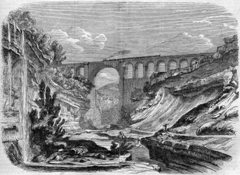 Architektura: pohled na viadukt Valserine (Rhone Alpes) na železniční trati spojující Lyon do Ženevy. 1858. Rytina v „“ Le Monde Illustré““ č. 48 ze dne 13. března 1858.