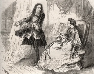 Armande Béjart (1641-1700), manželka Jean-Baptista Poquelina, zvaného Molière (1622-1673), se svým milencem, hrabětem z Guiche. Rytina z roku 1871 v knize „Histoire des Cocus Célèbres“ od Henryho de Kocka (1819-1892).
