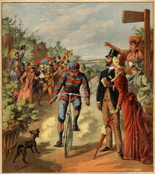 Příjezd cyklistického závodu na francouzský venkov. Rytina v „“ La Terre Illustree““ č. 81 z 19. května 1892.