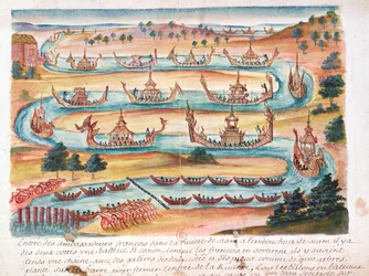 Příjezd francouzských velvyslanců do Siamu, z popisu jezuitů v Siamu, 1688 (wc na papíře)