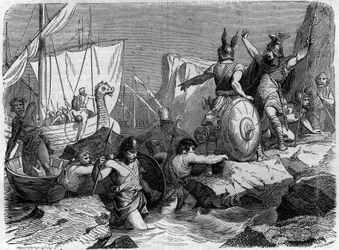 Příchod Normanů na francouzské pobřeží ve středověku. Rytina v „Histoire des Papes-kings-queens-et-empereurs a travers les století“ od Maurice Lachatre