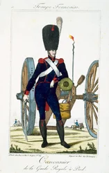 Dělostřelec královské gardy s dělem, z Troupes Francaises, hospoda. chez Basset, Paříž, kolem roku 1790