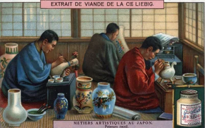 Umělecká díla v Japonsku: malba smaltem. Liebigova chromolitografie, 20. století.