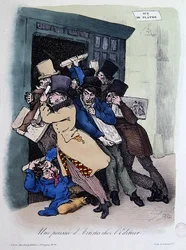 Umělci obléhající dveře vydavatele, kolem roku 1830 (barevné lito)