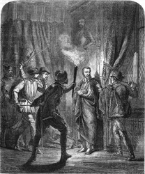 Vražda admirála de Colignyho během bartolomějského masakru roku 1572. V „Histoire populaire de la France“, bez data, kolem roku 1885. Rytina.