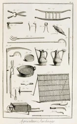 Sortiment zahradního nářadí z Encyklopedie des Sciences et Metiers od Denise Diderota (1713-84) vydané kolem roku 1770