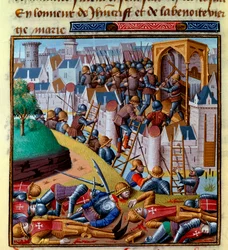 Útok na opevněné město Miniatura v díle "Le miroir historial" (Speculum Historiale) od Vincenta de Beauvais (1190-1264), které do francouzštiny přeložil Jean de Vignay.