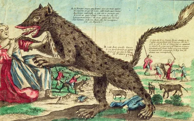 Útoky šelmy z Gevaudanu v roce 1764 (barevná rytina)
