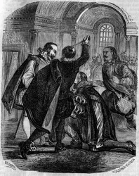 Neúspěšný atentát Jeana Chastela (Jean Chatel) (1575-1594) na francouzského krále Jindřicha IV. dne 27. prosince 1594. Rytina z 19. století.