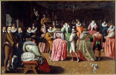 Bal na dvoře krále Jindřicha III. a královny Kateřiny Medicejské (Caterina de Medici), známé jako Bal vévody z Alenconu. Nalevo jsou zastoupeni panovníci, včetně královny Margot (Margarita z Navarry nebo Valois (1553-1615). Obraz F