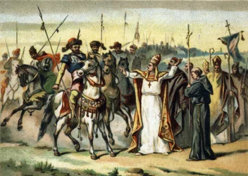 Invaze barbarů - Attila a svatý Leon I. Veliký (440-461): barbar Attila, vůdce lidu Hunů, se setkává s papežem svatým Leonem Velikým, kterému se ho podařilo přesvědčit, aby ušetřil Itálii. Chromolitografie konce 19. století