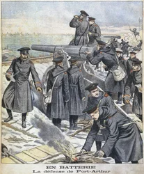 Baterie, obrana Port Arthur, ilustrace z le Petit Journal: Supplement Illustre, 27. března 1904