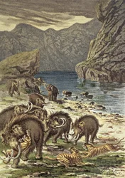 Bitva mezi mamuty a šavlozubými tygry, z Le Monde Avant la Creation dHomme od Camille Flammarion, 1886