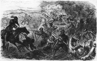 Bitva u Coutras v roce 1587, vyhrál Henri de Navarre, budoucí Jindřich IV. V ""Populární historie Francie"", nd. kolem 1885. Rytina.