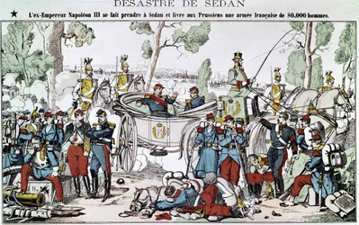 Bitva u Sedanu v roce 1870. Bývalý císař Napoleon III. je chycen v Sedanu a dodává Prusům francouzskou armádu o síle 80 000 mužů, obraz páteře.