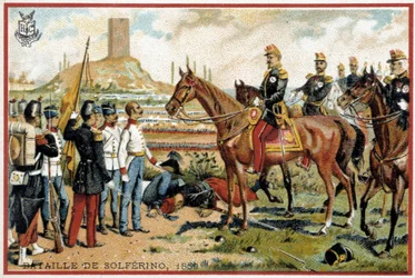Bitva u Solferina: Vítězství v bitvě u Solferina proti Rakušanům v roce 1859 - divize Forey. Liebigova chromolitografie