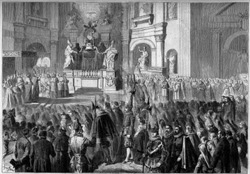 Požehnání papeže Pia IX. (1792-1878) oltáře kazatelny kostela sv. Petra v Římě po restaurování. Oltář postavený v letech 1656 až 1658 Gianlorenzem Berninim (Bernini