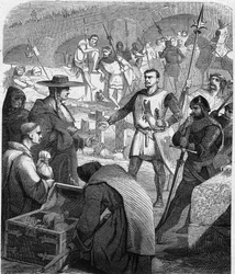Bertrand du Guesclin (Duguesclin) (asi 1320-1380) strážník z Francie odmítající přijímat peníze od obyvatel Avignonu. Rytina v „Historie Francie ve stovce obrazů od Paula Lehugeura“ 1891.