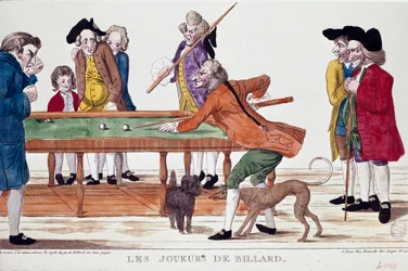 Hráči kulečníku (termidor 8. roku revolučního kalendáře) (1800). Kreslený film. Barevná rytina francouzské školy revolučního období. Paříž, Musee Carnavalet