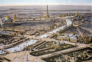 Pohled na pařížskou výstavu z roku 1900 z ptačí perspektivy (chromo)