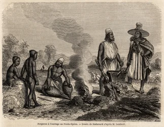 Kovář má práci ve Fouta Djalon (Senegal), kresba Hadamarda, pro ilustraci cesty poručíka Lamberta do Fouta Djalon v roce 1860. Rytina v „“Le tour du monde““ 1861. Selva sbírka.