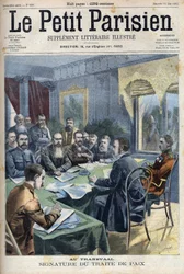 Búrská válka. Podpis Transvaalské mírové smlouvy mezi búrskými náčelníky a britským generálem Horatiem Herbertem Kitchenerem (1850-1916) v Pretorii v Jižní Africe. Rytina „“Le Petit Parisien““