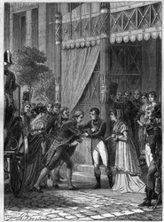 Bonaparte a Josephine de Beauharnais přijímají mladého krále Etrurie Ludvíka I. (Ludvík I. Bourbonský nebo Ludovico I. Borbonský) (1773-1803) v doprovodu jeho manželky Marie Louise (Marie Louise) Bourbonské (1782-1824) v jejich dům v Malmaison v červenci 1