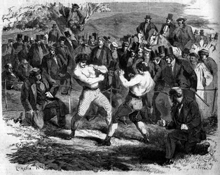 Boxerský zápas mezi Angličanem Thomasem Sayersem (1826-1865) a Američanem Johnem Carmelem Heenanem (1833-1873) v Aldershot, Anglie, 17.