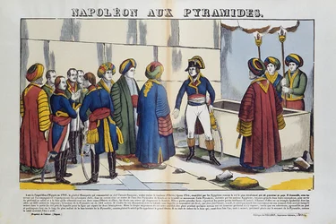 Kampaň (expedice) do Egypta (1798-1801): Bonaparte Napoleon k egyptským pyramidám v roce 1799. Obrázek Epinal