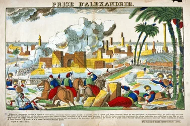 Kampaň (expedice) do Egypta (1798-1801): Dobytí Alexandrie vojsky Napoleona Bonaparta v červenci 1798. Obrázek Epinal