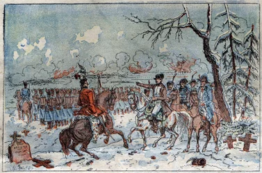 Tažení Pruska a Polska (1806-1807): „“ Napoleon I. (1769-1821) na bitevním poli u Eylau dne 8. 2. 1807 nařídil Muratovi, aby odrazil ruskou jízdu. Rytina 19. století.