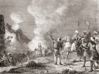 Děla používaná jako obléhací stroje sultánem Abu Yaqub Yusufem při obléhání Sijilmasy v Maroku v roce 1274, z knihy Les Merveilles de la Science, vydané kolem roku 1870 (rytina).