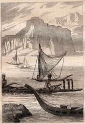 Kanoe z Marquises Islands - ilustrace převzata z „Velkých námořníků 18. století““