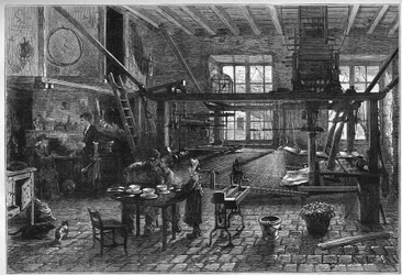 Canut workshop. Interiér tkadleny hedvábí v Lyonu během krize na konci 19. století. Rytina v „“ Le Monde Illustré““ č. 1039 z 10. března 1877.