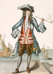 Kapitán Jean Bart z Dunkerque 88: Le Capitaine Jean Baert de Dunquerque, kapitán flotily, stojí a kouří dlouhou dýmku v docích; Jean Bart (1651-1702), vlámský námořník w