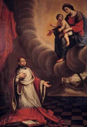 Kardinál Berulle (1575-1629) klečí před Panenským obrazem francouzské školy. Soukromá sbírka ze 17. století