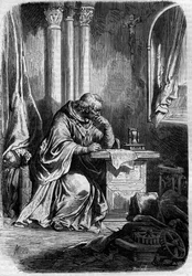 Kardinální milenec papeže Jeanne (papež v letech 855 až 858). Rytina do „Historie papežů-králů-královen-a-císařů v průběhu staletí““ od Maurice Lachatre