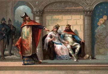Caribert nebo Cherebert, král Paříže (561 - 567). Chromolitografie konce 19. století.