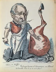 Karikatura Napoleona III. (1808-73) jako koňského řezníka během obléhání Paříže, 1870