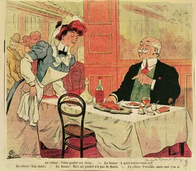Karikatura zákazníka a servírky v restauraci, c.1905
