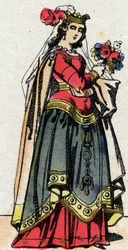 Karolinská dynastie: Portrét Hildegardy z Vintzgau (v. 758-783), manželky Karla Velikého nebo Karla Velikého (Carolus Magnus, 742-814). Epinal zobrazování z konce 19. století. Soukromá sbírka.