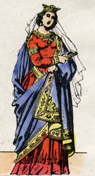 Karolinská dynastie: Portrét Richarda Švábského (841–v. 896) královny franků manželka Karla III. Le Gros (839–888). Epinal zobrazování z konce 19. století. Soukromá sbírka.