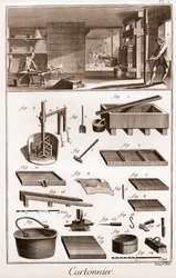 Cartonnier – dílna vyrábí karton – „“Velká encyklopedie nebo Dictionnaire Raisonne des Sciences, des Arts et des Metiers“ (Encyklopedie neboli Slovník věd, umění a povolání) od Denise Diderota (1713-1784) a Jean d
