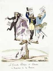 Karikatura o Napoleonovi Bonapartovi. Politická a literární korouhev, kolem níž prochází štěstěna.